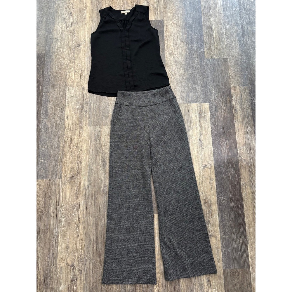 Cabi Grey Glen Plaid Wide Leg Trousers High Waist Side Zip Pants Size 2